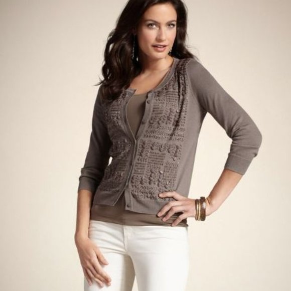 NEW CHICO'S FANCIFUL BEADED MOSAIC JEWELED TAUPE KNIT CARDIGAN SZ 2 LARGE - Picture 3 of 3